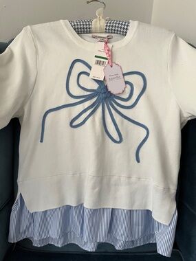 Nannette White Sweater with Blue Bow and Striped Hem